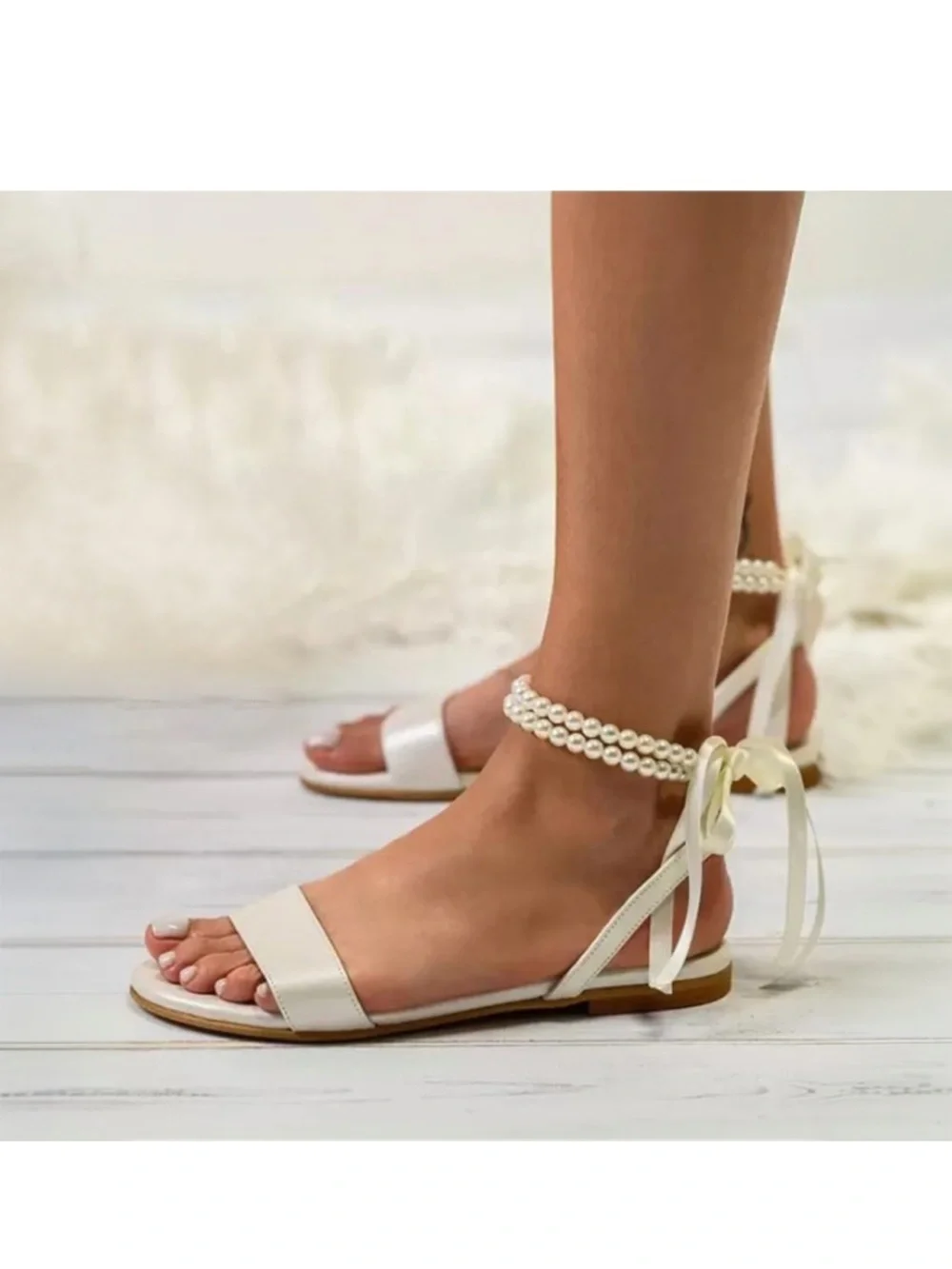 Pearl Ankle Strap Open-Toe Sandals in Ivory